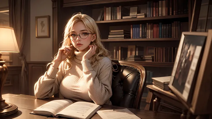 A blonde with long, wavy hair and round glasses, wearing a modest but cute turtleneck sweater and a flowing midi skirt, sits at a quiet corner of a bookstore café. She’s lost in a thick novel, her delicate fingers playing with the edge of the page. Her sof...