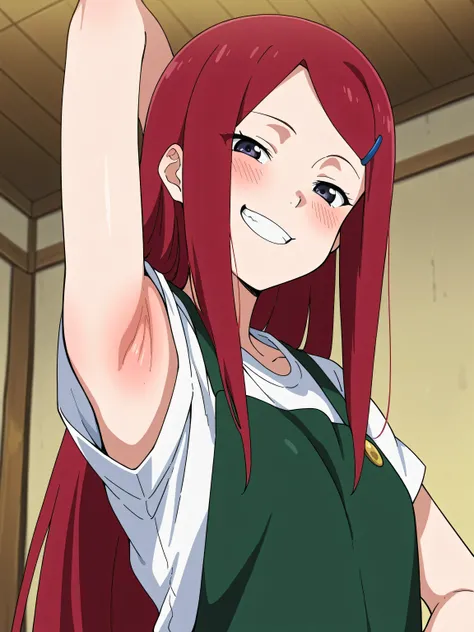 masterpiece, best quality, amazing quality, anime screencap, 1girl, solo, kushina, long hair, red hair,dark eyes,hairclip,dresss, arm behind head, armpit, head towards viewer, looking at viewer, smile, teeth, armpit focus, horny, blush, smug, from side, fr...