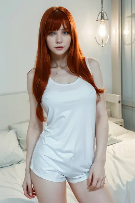  Super hot pale white young woman with long red hair fringe,  light blue eyes ,  wearing white pajamas sleeveless shirt and shorts,  at night. Well lit looking at the camera