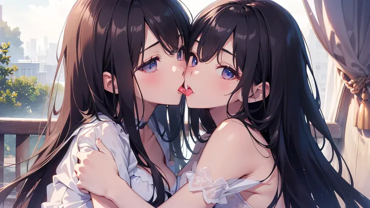 Highest quality、detailed、masterpiece、８k、(2cute girls)、Medium breast、slender、(( sexy underwear、 Deep Kiss 、 stick out your tongue、 large amount of salivation、 hug))、tongue close-up、((Face up ))、Cinematic light