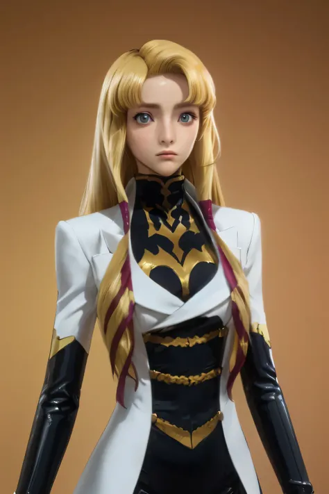  perfect anatomy　 top quality, highest resolution,((( Shiny Outfit 　 blonde　 straight hair　Dark blue eyes)))　 code geass　Monica　 long hair　expressionless　flat chest