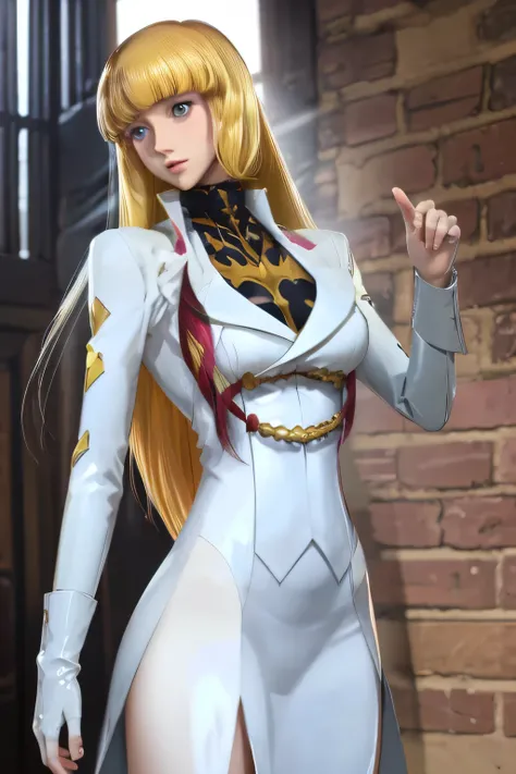  perfect anatomy　 top quality, highest resolution,(((shiny white costume　 blonde　 straight hair　Dark blue eyes)))　 code geass　Monica　 long hair