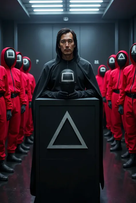 Create an exciting and futuristic scene inspired by a dystopian game setting, featuring a serious-looking man with short black hair and a dark cloak, standing confidently behind a podium decorated with geometric symbols (circles, triangles, squares). The m...