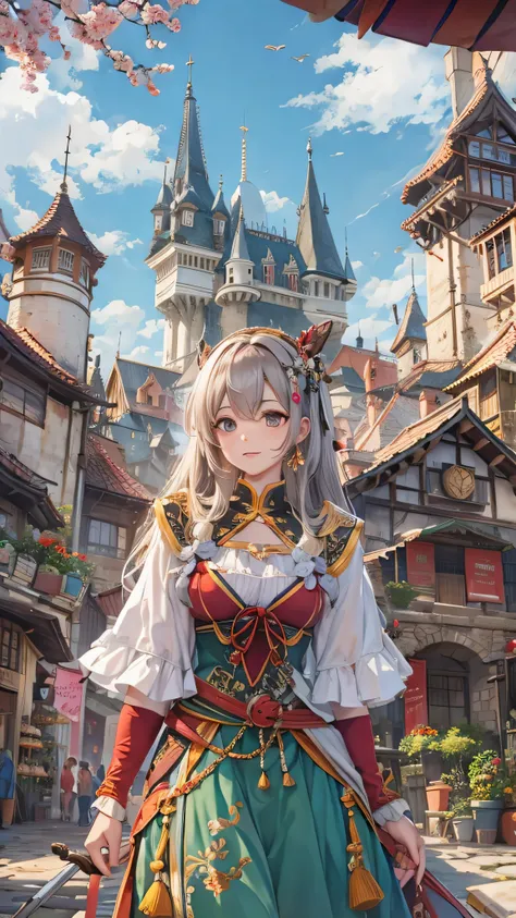  in high definition、 one woman, Huge walled city ,  European commoners,  naughty face, Medieval town, cloud, market。The background where you can see the castle。