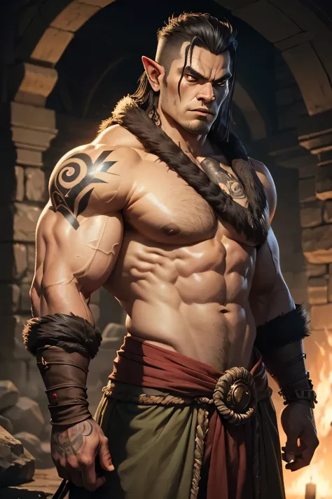 Half-Orc, Muscular, Male, Gray Skin, brown eyes, Mature, Very strong, Large body, with tattoos on the body, upper part uncovered, similar to a monk.