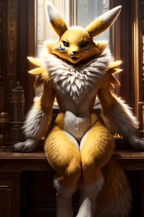 macro, back, wide hips, thick thighs, Renamon, a humanoid fox digimon, stands alone in the scene. The main focus is on the detailed portrayal of this character. The Renamon has soft fur, which is shown in exquisite detail, highlighting its playful and vibr...