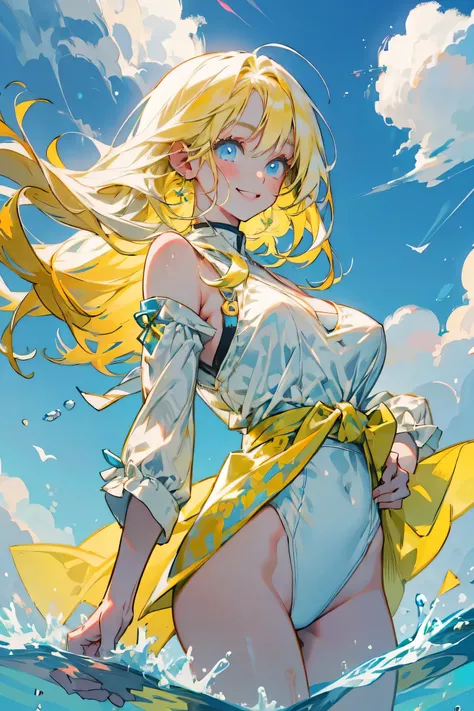    the girl is playing in the water    , smile ,  midfield～cute illustration of medium to high rise    ,    one woman , background　Water blow     、yellow hair,    blue eyes,     wearing a colorful bikini   , big breasts、