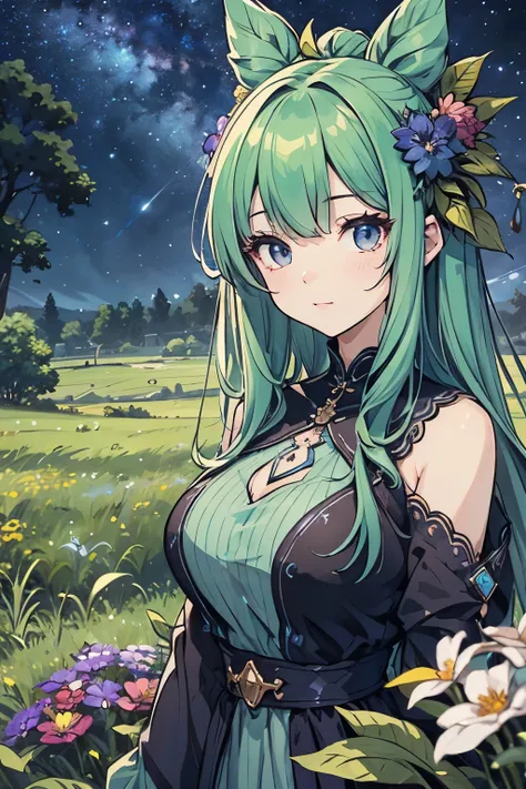  beautiful girl、Cute Face、Precision drawing、6 head body style、Height: 160cm、Blue see-through dress、Grassland with wild flowers blooming 、 colorful flowers are blooming、 night sky with beautiful stars visible 、A giant tree with large green branches and leav...