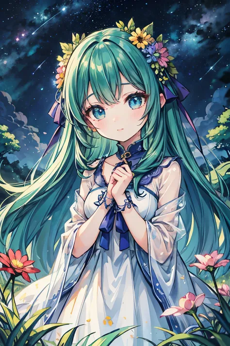  beautiful girl、Cute Face、Precision drawing、6 head body style、Height: 160cm、Blue see-through dress、Grassland with wild flowers blooming 、 colorful flowers are blooming、 night sky with beautiful stars visible 、A giant tree with large green branches and leav...