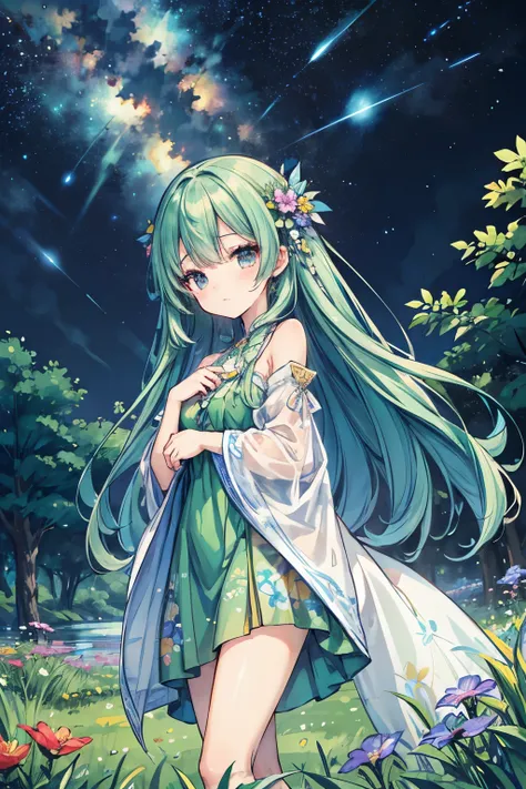  beautiful girl、Cute Face、Precision drawing、6 head body style、Height: 160cm、Blue see-through dress、Grassland with wild flowers blooming 、 colorful flowers are blooming、 night sky with beautiful stars visible 、A giant tree with large green branches and leav...