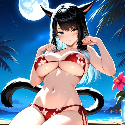 (masterpiece), best quality, expressive eyes, perfect face,1girl,solo,final fantasy,miqo'te,cat tail,heterochormia,left yellow eye,right blue eye,large eyes,blush,naughty smile,blush,bikini,red bikini,patterned bikini,flower pattern,sitting,looking at view...