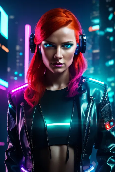  Ultra-realistic portrait of a futuristic woman with vibrant red hair and stylish cut and intense blue eyes. She uses advanced technology from the future ,  including subtle cybernetic implants and high-tech accessories .  Her expression is determined and ...