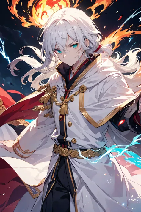 one male character, asian mythology, adult male, handsome, prince, royalty, long flowing white hair, white royal robes, blazing inferno, perfectly crafted hands, fighting, manga, anime, light novel, magic, lightning, fire, action, masterfully made features...