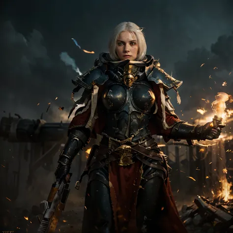 (masterpiece) (best quality) Battle sister, 50 years old woman, alone on a battlefield, white hair, black armor, red cape, golden relics, heavy bolter gun in her right hand, blue sky, victory after battle, surrounded by an holy light