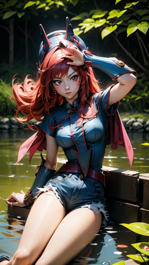  Darck Magician girls coustum of Ranma 1 /2 .  Darck Magician girls has a red Chinese blouse, tight blue jeans .  Sensual pose on the shore of a pond with . 