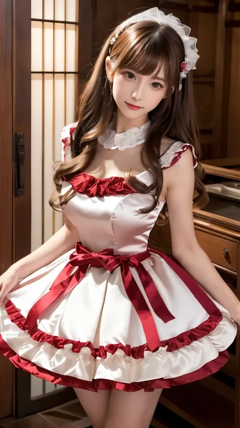 (((Top Quality))), (((Masterpiece))), (((Detail))), tall, looking at camera, face-to-face,wine-red shiny silk satin ruffle girly empire length wedding dress, hands thrust forward, Japanese, brown hair, long hair, gorgeous room,. Gorgeous ribbon hair access...