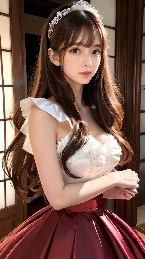 (((Top Quality))), (((Masterpiece))), (((Detail))), tall, looking at camera, face-to-face,wine-red shiny silk satin ruffle girly empire length wedding dress, hands thrust forward, Japanese, brown hair, long hair, gorgeous room,. Gorgeous ribbon hair access...