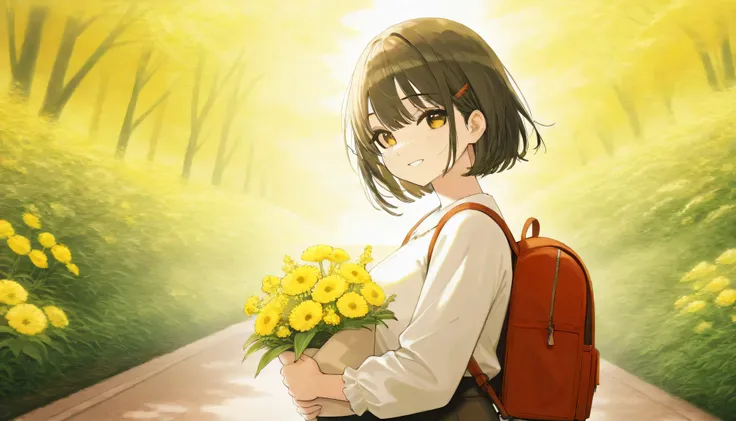 Tip:  A very attractive girl and a cute puppy carrying a backpack、 is enjoying a lovely spring outing surrounded by beautiful yellow flowers and nature 。. This illustration is a high-definition illustration with 4K resolution, Highly detailed facial featur...