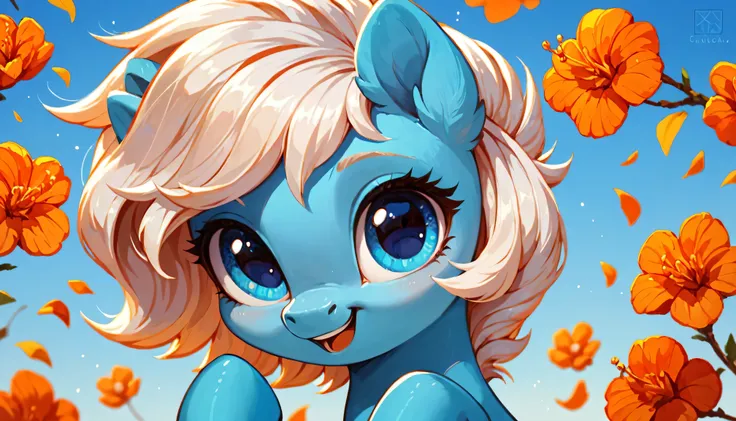  score_9,  score_8_ up the side,  score_7_ up the side, adorable pony,White Mane,  blue eyes,  cute background