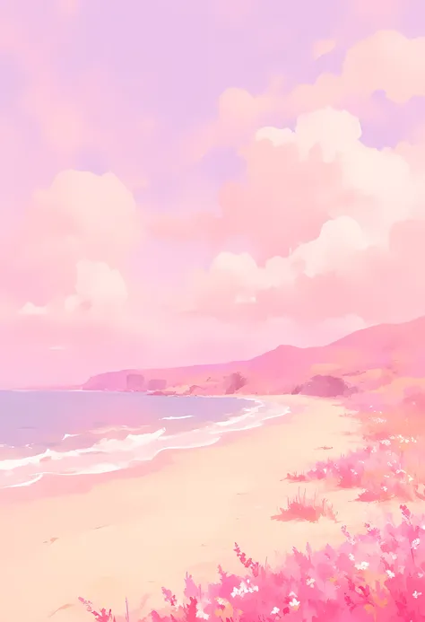 An English beach with soft pink clouds above it. A field of flowers above the coastline, soft pastel anime