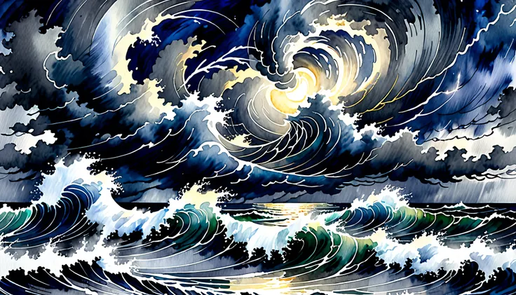 An watercolor-painting style depiction of a Chaotic Ryumaki Arashi  over the ocean at night.  multiple tornadoes violently crosses the surface of the sea, their forms illuminated by flashes of lightning in the Stormy Skies.  ocean waves are rough 々 and pow...