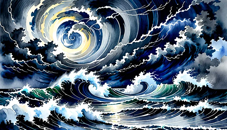 An watercolor-painting style depiction of a Chaotic Ryumaki Arashi  over the ocean at night.  multiple tornadoes violently crosses the surface of the sea, their forms illuminated by flashes of lightning in the Stormy Skies.  ocean waves are rough 々 and pow...