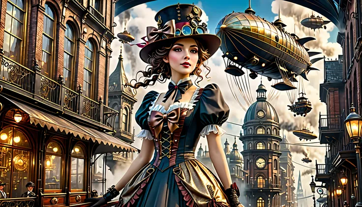  steampunk style, A beautiful city with steam streets and intricate urban details  ,   flying airships and a beautiful girl in a hat and bow and a beautiful vintage dress,   intricate texture dripping on glass ,   top quality ,  Masterpiece Failure , 8K Ye...