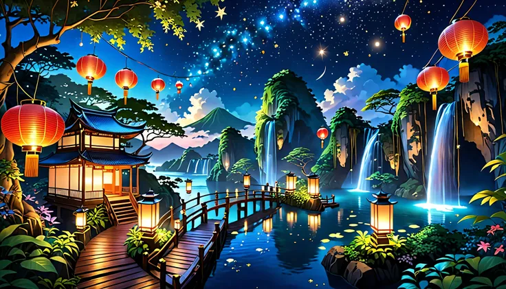  beautiful, fantastical night scene featuring a pathway illuminated by Floating lanterns that connect a series of 浮island. island々 floating in the night sky , with Lush greenery and waterfalls cascading into the clouds below. The Floating lanterns glow war...