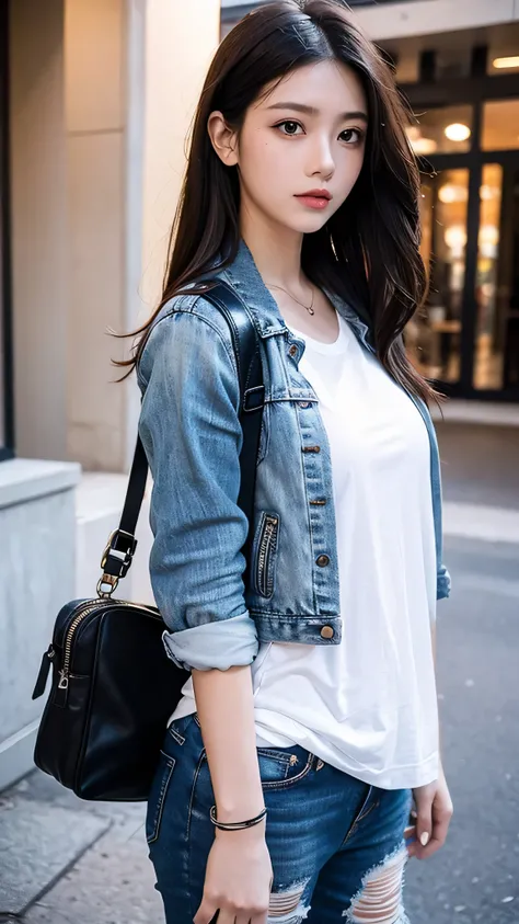 ( Masterpiece:1.2,  top quality), 1 Female, Alone, Full body high definition images Pair a chic, edgy leather jacket with a classic white t-shirt and distressed jeans for a relaxed, confident vibe with minimal makeup and a messy bang (  Music festivals and...