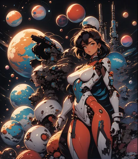 1 female mecha robot (1 girl) with guns, años 90, retro. Background: planets, lights