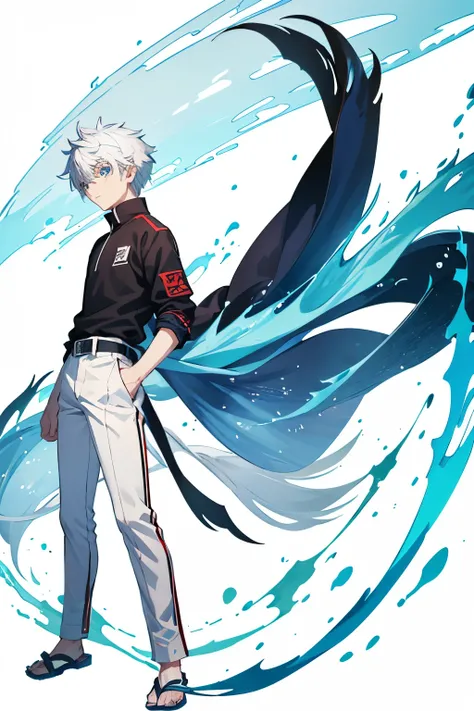  Taiga Akatora from Camp Buddy , 1boy , age boy, short hair, spiky white hair, blue eyes, The white shirt , blue pants, bright black belt ,  black sandals ,  full body ,  profile looking directly at the viewer ,  white background .