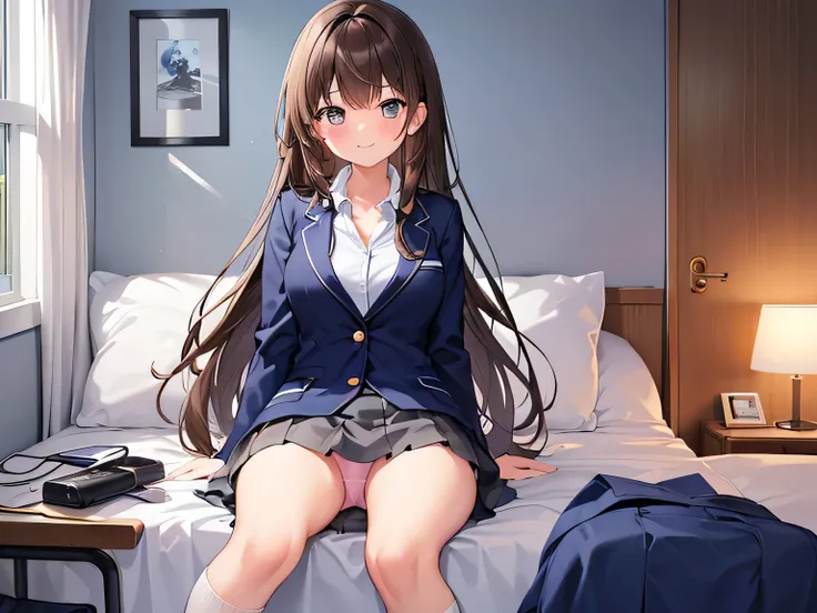 (Masterpiece, top quality, high resolution, realistic photos, realistic looking skin:1.1),
(High school girl sits on bed in her room and shows panties:1.8),
(Make sure she has a happy, smiling expression: 1.5),
(The high school girl is wearing a navy blue ...