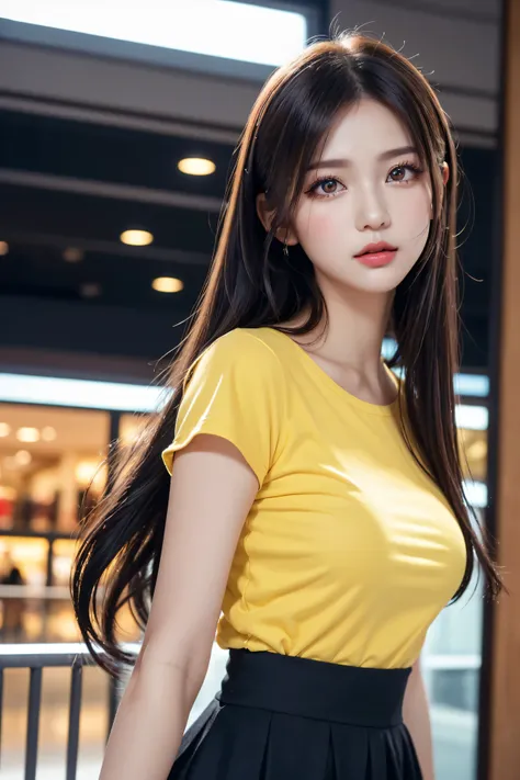 (((long black hair,  pretty Chinese idol, beautiful skin、big eye、 Brown Eyes 、forehead、Extreme pose、A calm face、dewy finish makeup:100.0、eyeliner:100.0, beautiful girl、shopping mall background、cute、Young、True Face、Shiny Hair、whole body)))、table top, highes...