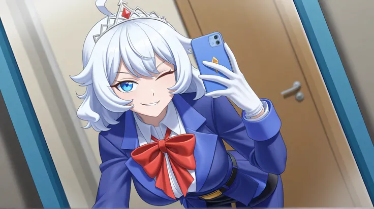 score_9, score_8_ upwards, score_7_ upwards,  eastnik_anime, One,  1girl, mirabelle , smirk,  looks at the viewer, selfie,  with phone ,  white hair, ahoge, a tiara,  blue eyes ,  one eye closed , blue jacket,  long sleeves ,  black swimsuit,  white shirt,...