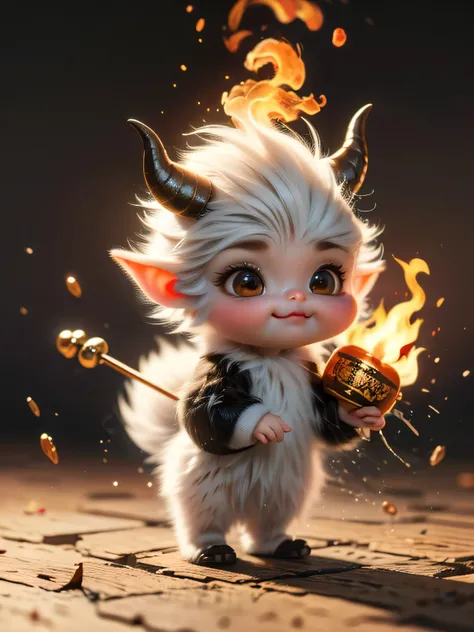 Realistic airbrush illustration, hyper-realistic acrylic airbrush illustration, a very cute little imp with horns and a tail. He is dressed in dark colors and has a mischievous and slightly sinister expression on his face. A small trident or fireball to hi...