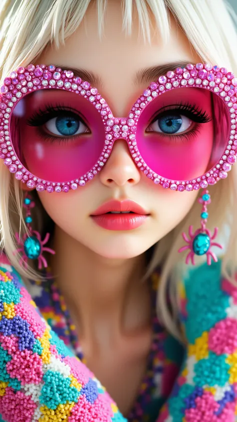 8k, Masterpiece, Top Quality, 3D animated character, Beautiful Women, big expressive eyes,  Pixar style, high detail, vibrant colors, cheerful expression,,,from above, high-angle,extreme close-up, Vibrant colorful fashion portrait, platinum blonde hair, dr...