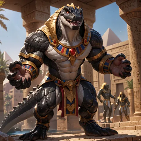 solo, male, humanoid, alligator, ultra details, ultra detailed muscles, black scales, white belly, black claws, muscular, sexy, handsome, ultra detailed red iris and black pupil slit eyes, ultra detailed teeth, pecs, hind legs, tail, Masterpiece, by null-g...