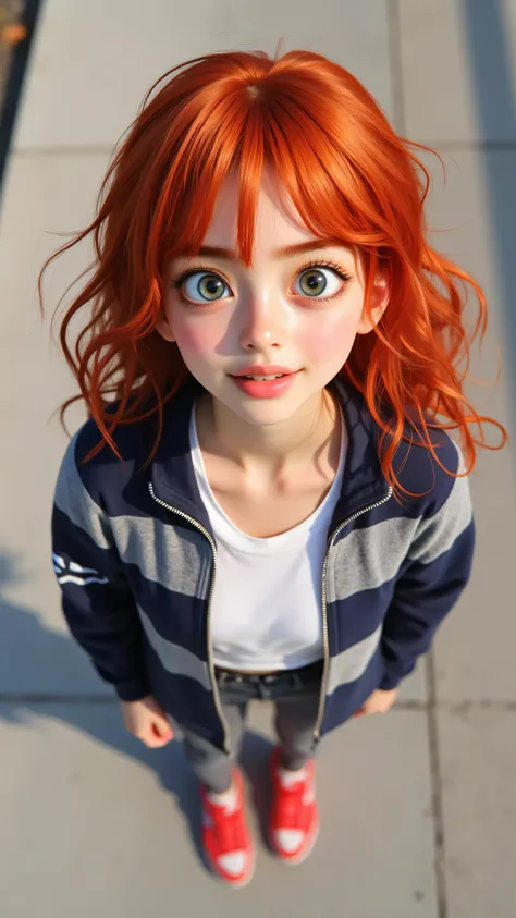 8k, Masterpiece, Top Quality, 3D animated character, Beautiful Women, big expressive eyes,  Pixar style, high detail, vibrant colors, cheerful expression,,,High-angle, from above, close-up, vibrant red hair, loose curls, surprised expression, light green e...