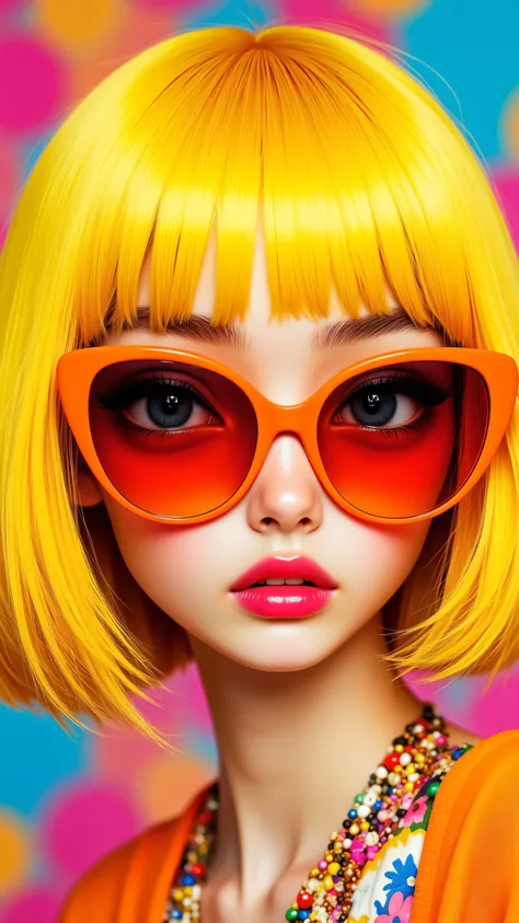 8k, Masterpiece, Top Quality, 3D animated character, Beautiful Women, big expressive eyes,  Pixar style, high detail, Vibrant pop art , bright yellow bob haircut, oversized orange sunglasses, hot pink lipstick, colorful polka dot background, surreal fashio...