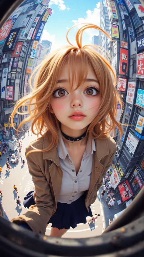 8k, Masterpiece, Top Quality, 3D animated character, Beautiful Women, big expressive eyes,  Pixar style, high detail, vibrant colors, cheerful expression,,, Elevated viewpoint, fish-eye distortion, blonde curls, serious expression, school uniform, tan jack...