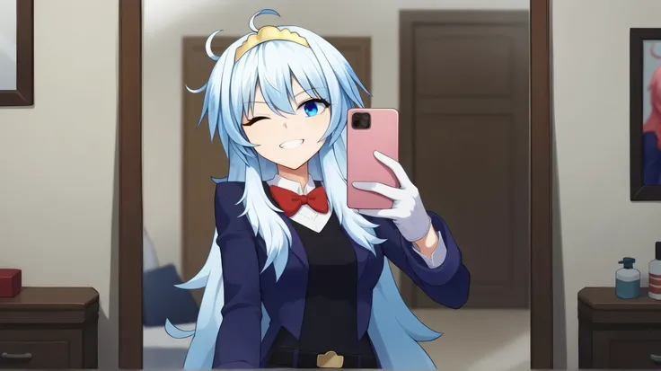 score_9, score_8_ upwards, score_7_ upwards,  eastnik_anime, One,  1girl, mirabelle , smirk,  looks at the viewer, selfie,  with phone ,  white hair, ahoge, a tiara,  blue eyes ,  one eye closed , blue jacket,  long sleeves ,  black swimsuit,  white shirt,...