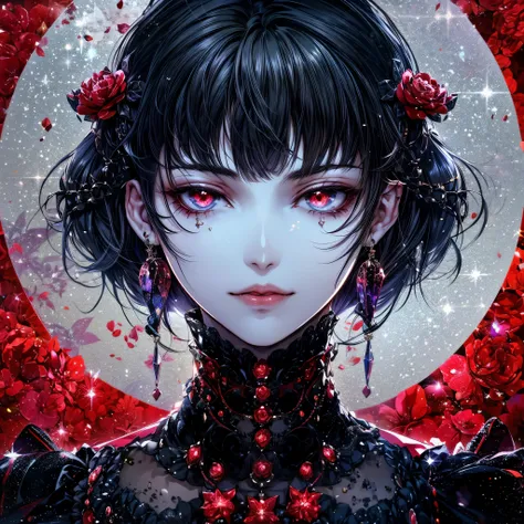 Album artwork, evil, villain, villain woman, ominous, mysterious, mystic, 2D Anime,  girl in a translucent black dress , Shine,  lush and layered clothes ,  black, white and red tones , white skin,  black hair,  cunning look, Evil smile, surrealistic backg...