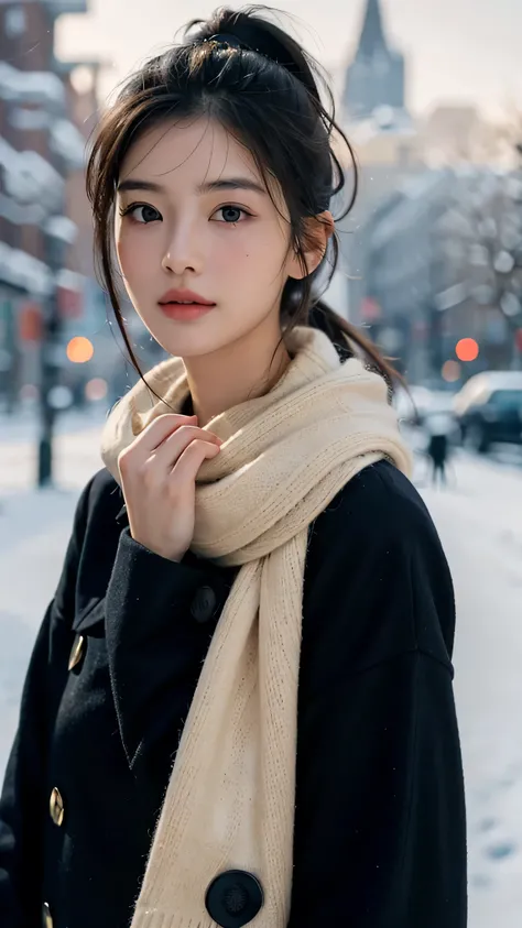 wearing a deep navy blue winter coat with a fur-lined hood and cuffs. The coat is elegantly tailored, double-breasted with gold buttons, and has a slightly flared silhouette, giving it a stylish yet cozy look. She wears a soft ivory-white knitted scarf wra...