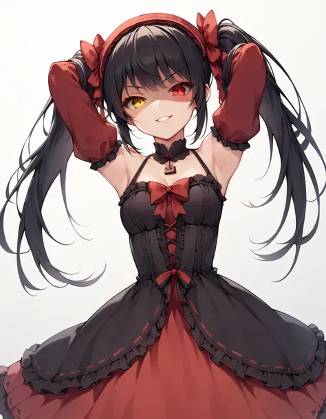 Tokisaki Kurumi, ridiculous , 1 girl, raise arms, black dress , black hair, bow, chest, Clock Eye, cowboy shooting, detachable sleeves, dress , dress bow, Hair Band , heterochromia , long hair, long sleeve , stares at viewers, medium ches...