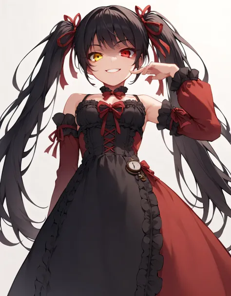 Tokisaki Kurumi, ridiculous , 1 girl, raise arms, black dress , black hair, bow, chest, Clock Eye, cowboy shooting, detachable sleeves, dress , dress bow, Hair Band , heterochromia , long hair, long sleeve , stares at viewers, medium ches...