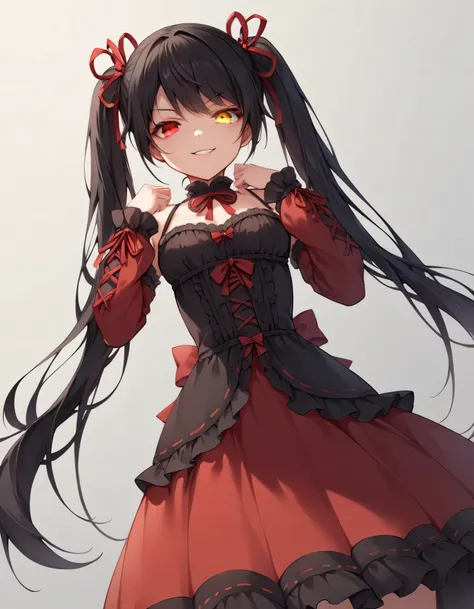 Tokisaki Kurumi, ridiculous , 1 girl, raise arms, black dress , black hair, bow, chest, Clock Eye, cowboy shooting, detachable sleeves, dress , dress bow, Hair Band , heterochromia , long hair, long sleeve , stares at viewers, medium ches...