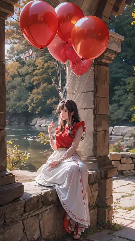  amazingly beautiful portrait of a Slavic woman holding a string of balloons, Wearing a red blouseいる,  sitting on the lawn under the stone bridge  , I held a string of balloons ,  perfect eyes ,Wearing a red blouse ,  perfect hand,  curved hips ,  ultra-de...