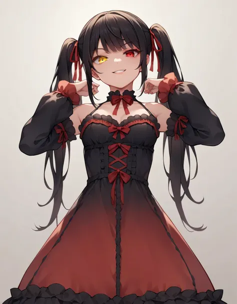 Tokisaki Kurumi, ridiculous , 1 girl, raise arms, black dress , black hair, bow, chest, Clock Eye, cowboy shooting, detachable sleeves, dress , dress bow, Hair Band , heterochromia , long hair, long sleeve , stares at viewers, medium ches...