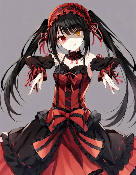 Tokisaki Kurumi, ridiculous , 1 girl, raise arms, black dress , black hair, bow, chest, Clock Eye, cowboy shooting, detachable sleeves, dress , dress bow, Hair Band , heterochromia , long hair, long sleeve , stares at viewers, medium ches...
