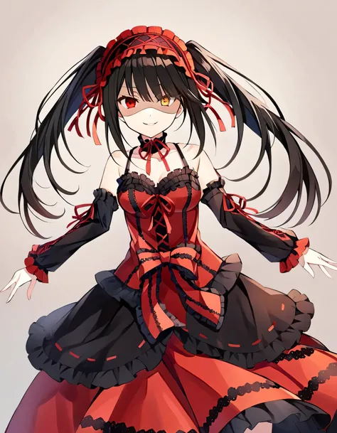 Tokisaki Kurumi, ridiculous , 1 girl, raise arms, black dress , black hair, bow, chest, Clock Eye, cowboy shooting, detachable sleeves, dress , dress bow, Hair Band , heterochromia , long hair, long sleeve , stares at viewers, medium ches...